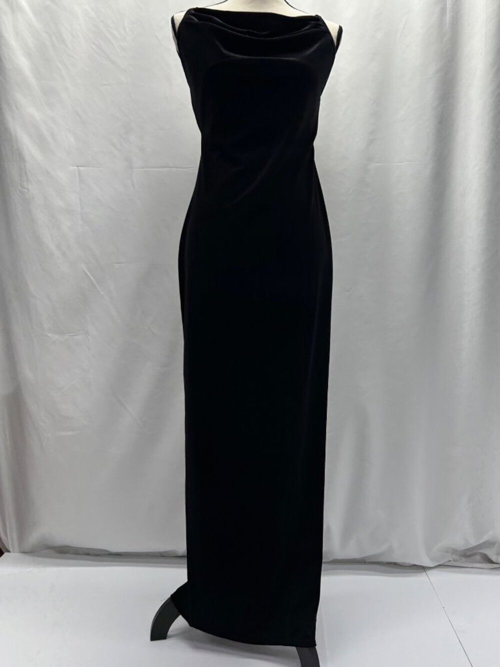 Black Velvet Maxi Dress With Cowl Neckline Open Back, Criss-Cross Straps, Side S